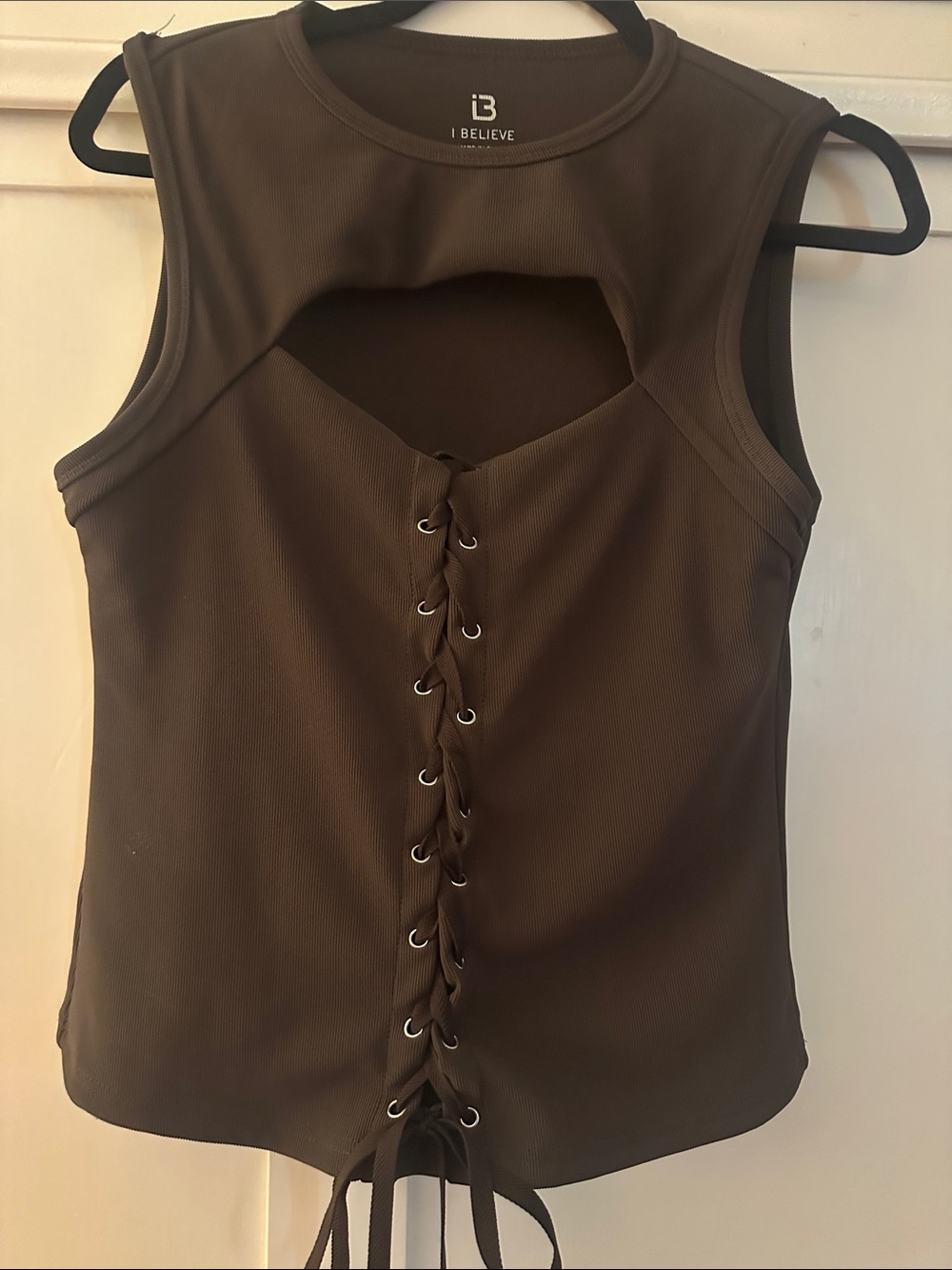 Brown Lace-Up Cutout Tank Top